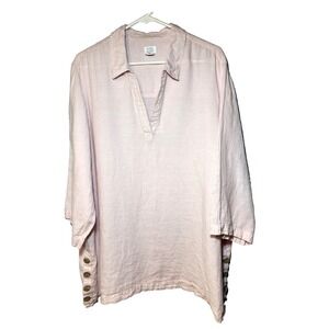 Sigrid‎ Olsen Pink Linen V Neck Long Sleeve Lagenlook Side Buttons Tunic 2X